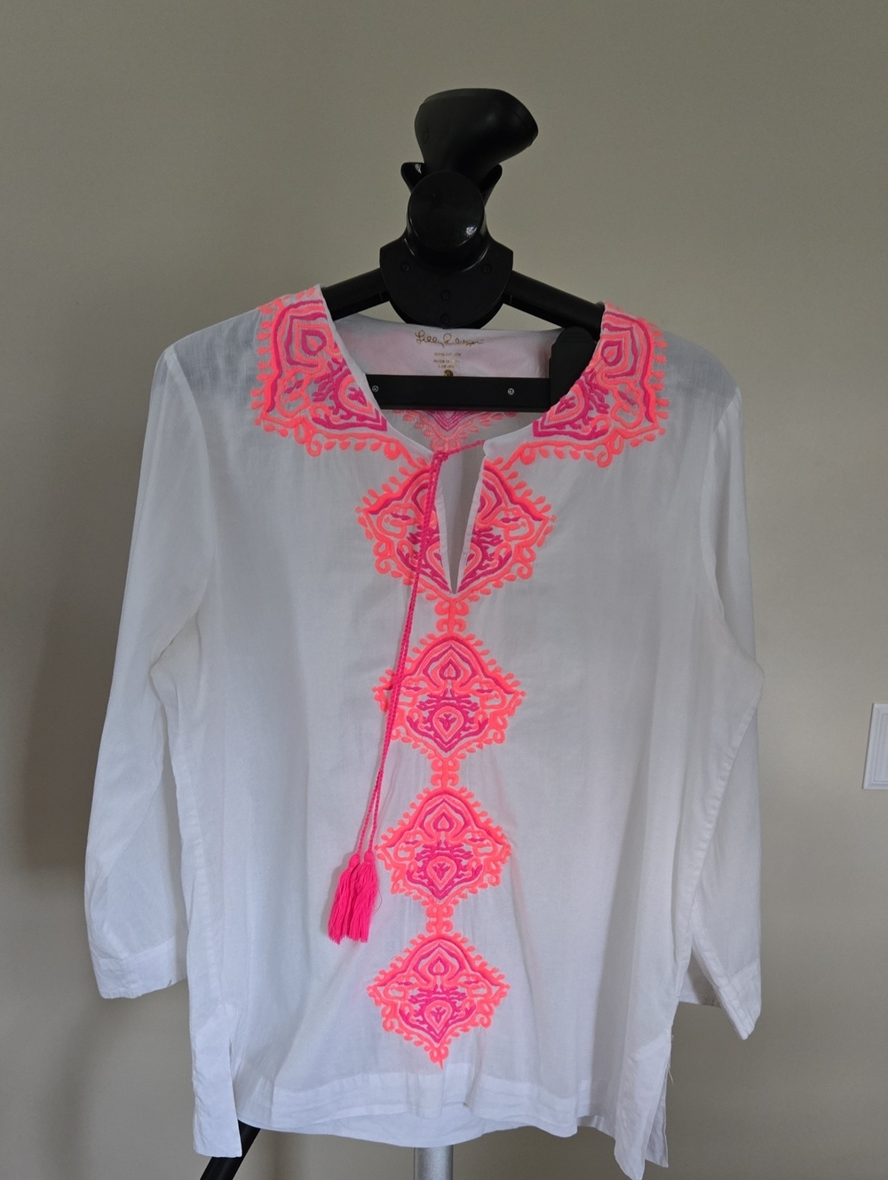 Lilly Pulitzer White Tunic with Neon Pink Embroidery